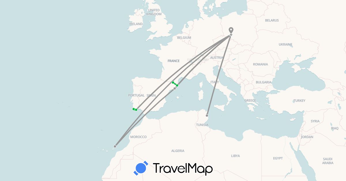 TravelMap itinerary: bus, plane in Andorra, Spain, Poland, Portugal, Tunisia (Africa, Europe)